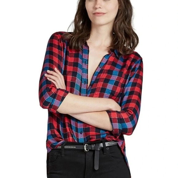 NWT Lucky Brand Red Blue Twill Plaid Casual Buttoned Down Relaxed Fit Shirt XL - Picture 1 of 15